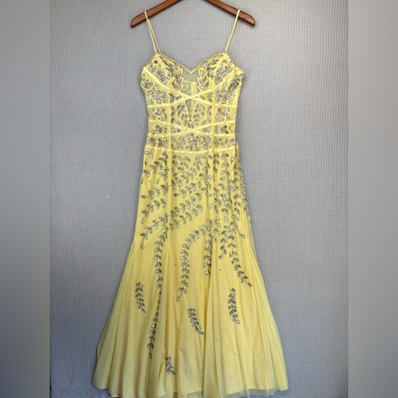 Vintage Cache Yellow Beaded Evening Gown Women L- Maxi Sleeveless Cocktail Sheer - Picture 14 of 14